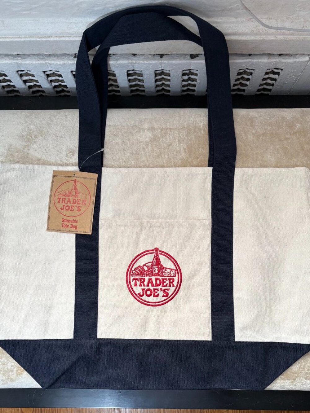 Trader Joe's Canvas Tote Bag NWT Large Embroidered Grocery Shopping Beach Book B